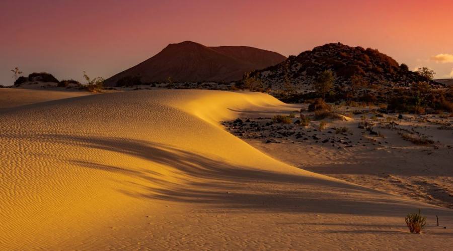 vista panoramica del tramonto sulle dune di sabbia, Corralejo